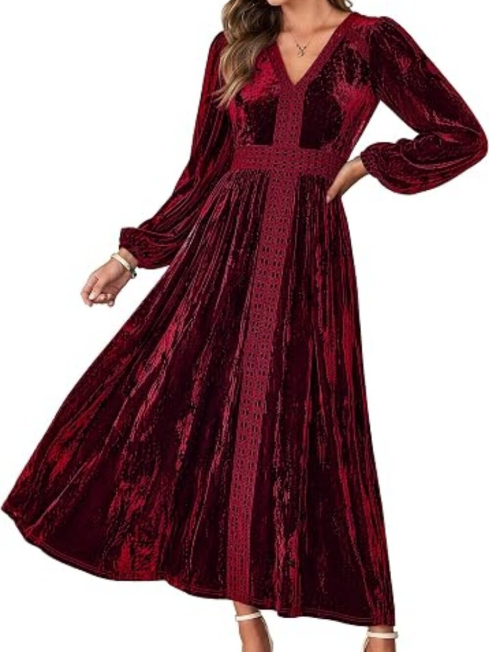 Womens Velvet Long Sleeve V Neck Cocktail Party Midi Dress